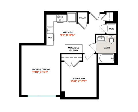 Floor plan for 1 bed, 1 bath, 630 sqft